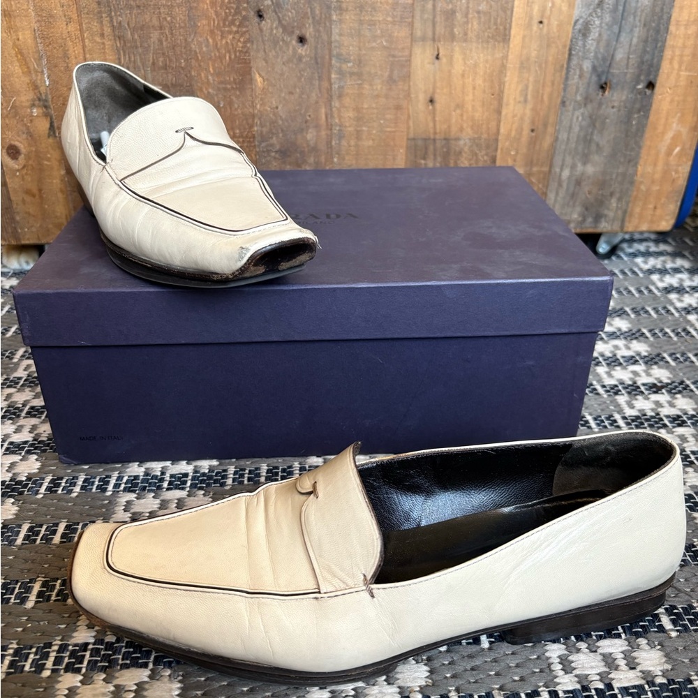 Prada Cream Leather Loafers with Penny Strap